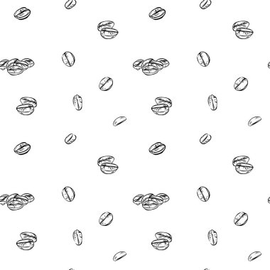 Beyaz arkaplana saçılmış el yapımı kahve çekirdekleri, tekstil, duvar kâğıtları ve ambalaj için mükemmel siyah ve beyaz desenli..