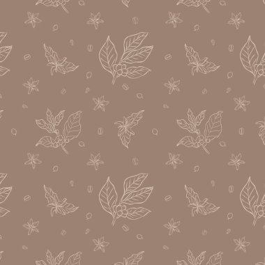 El yapımı kahve bitkisi dalları, kahve çekirdekleri, kahverengi arka planda çiçekler, ambalaj, tekstil ve duvar kağıtları için ideal desenler..