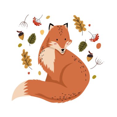 Güz yaprakları, meşe palamudu ve böğürtlenlerle çevrili bir tilkinin büyüleyici el çizimi tasviri, sıcacık ve mevsimlik bir orman temasını çağrıştırıyor..