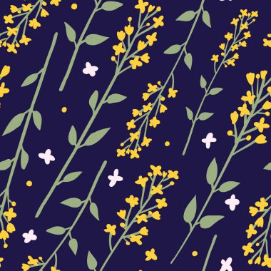 Yeşil saplı sarı kır çiçekleri ve koyu mavi arka planda yapraklar içeren kusursuz bir botanik desen. Tekstil, duvar kâğıtları ve ambalaj için mükemmel..