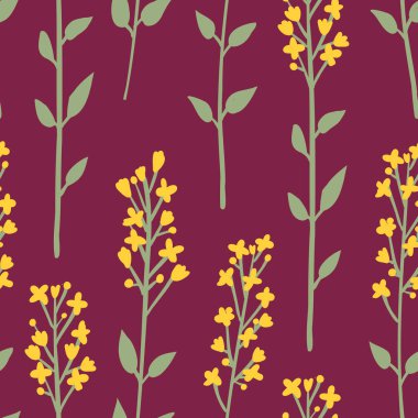 Yeşil saplı sarı kır çiçekleri ve koyu kiraz arkaplanlı yapraklar içeren kusursuz bir botanik desen. Tekstil, duvar kağıtları ve ambalaj için mükemmel..