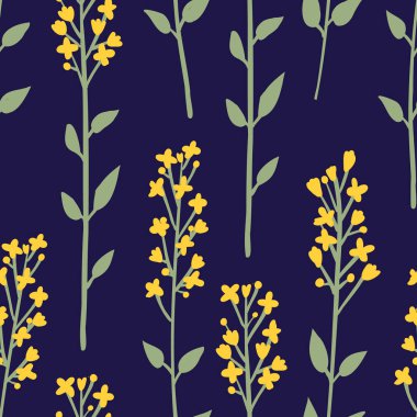 Yeşil saplı sarı kır çiçekleri ve koyu mavi arka planda yapraklar içeren kusursuz bir botanik desen. Tekstil, duvar kâğıtları ve ambalaj için mükemmel..