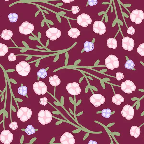Pembe ve mor böğürtlenli, koyu kırmızı yapraklı, tekstil, duvar kağıtları ve ambalaj için mükemmel, kusursuz bir botanik deseni..