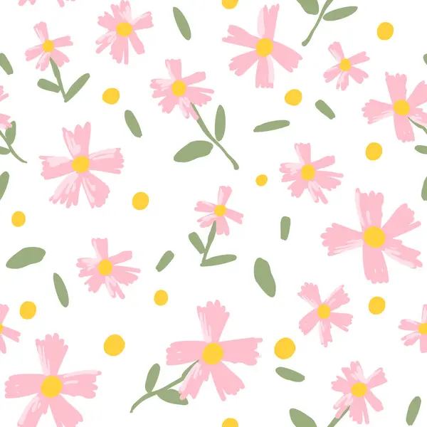 White background with a scattered pattern of pink flowers, yellow centers, and green leaves, ideal for floral-themed projects and decor.