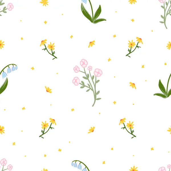 White background with scattered flowers in yellow, pink, and blue, featuring daisies, bluebells, and clusters, ideal for floral crafts.
