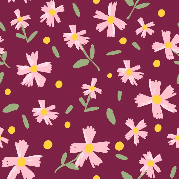 Maroon background with pink flowers, yellow centers, green leaves, and scattered dots, creating a floral pattern for decor.