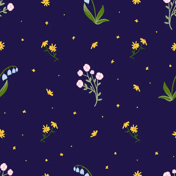 Navy background with scattered flowers in yellow, pink, and blue, including daisies and bluebells, paired with stars, perfect for decor.