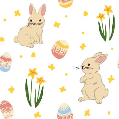 Dağılmış tavşan desenli beyaz arka plan, zigzag tasarımlı pastel yumurta, sarı nergis, ve küçük yıldız şekilleri, Paskalya dekoru için mükemmel..