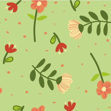 Açık yeşil arka planda, yeşil saplı, kırmızı, pembe ve beyaz desenli, küçük pembe noktalarla işaretlenmiş, taze bir çiçek tasarımı için mükemmel..