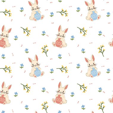 Yumurta tutan dağınık bir tavşancık deseni, yeşil saplı mor çiçekler ve zigzag tasarımlı pastel yumurtalar, Paskalya dekoru için mükemmel..