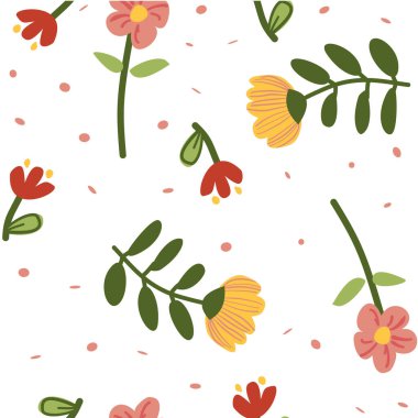 Yeşil saplı kırmızı, pembe ve sarı çiçekli beyaz arkaplan, doğadan esinlenilmiş tasarımlar için ideal, küçük pembe noktalarla vurgulanmış..