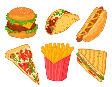 Bir hamburger, bir dilim pizza, patates kızartması, taco, sosisli ve sandviç de dahil olmak üzere renkli el yapımı fast food seti. Beyaz arka planda parlak çizgi film tarzında lezzetli fast food koleksiyonu.