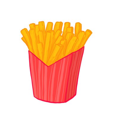 Kırmızı bir karton kutuda servis edilen altın çıtır patates kızartmasının el çizimi. Renkli bir çizgi film tarzında popüler fast food atıştırmalıkları..