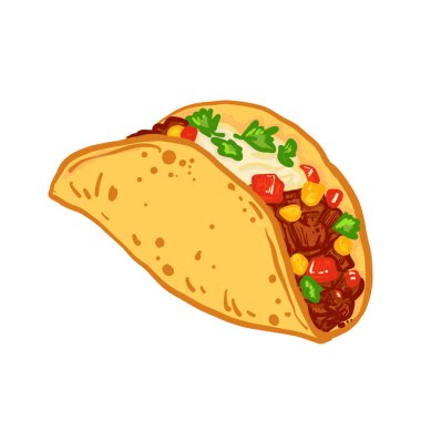 Baharatlı et, mısır, domates ve taze otlarla dolu lezzetli bir taco. Renkli çizgi film tarzı fast food çizimi beyaz arkaplanda izole edildi.