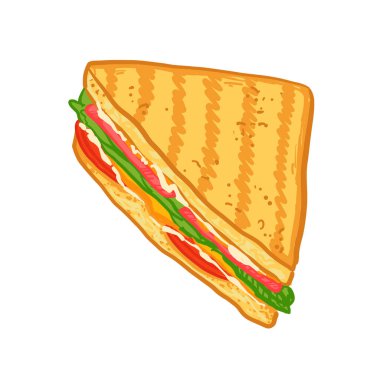 Peynir, taze marul, domates ve jambonla dolu el yapımı ızgara sandviç. Çizgi film tarzında renkli vektör fast food çizimi.