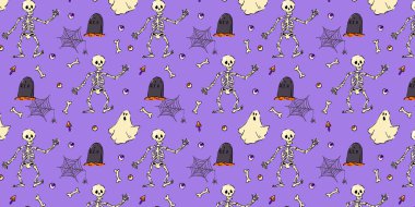 Dans eden iskeletler, ürkütücü hayaletler, mezar taşları, örümcek ağları, göz bebekleri, mantarlar ve mor arka planda kemikler içeren kusursuz bir Cadılar Bayramı deseni..