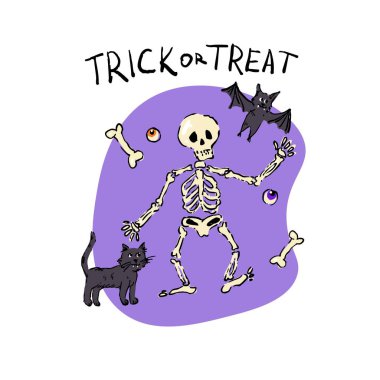 Dans eden bir iskelet, siyah kedi, uçan yarasa, kemik, göz küresi ve mor arkaplandaki şeker ya da şaka harflerinin yer aldığı eğlenceli ve ürkütücü Cadılar Bayramı çizimi.
