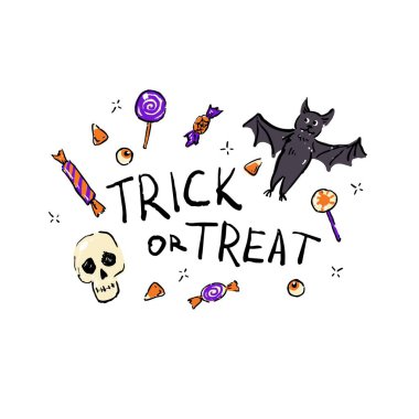 Sevimli bir sopa, kafatası, göz küresi, şeker, lolipop ve el yazması bir çizgi film tarzında 