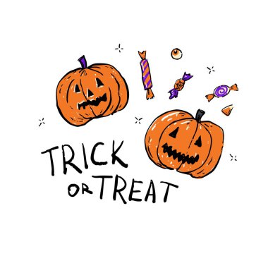 El çizimi Cadılar Bayramı kompozisyonu içinde iki tane ürkütücü balkabağı feneri, çeşitli şekerler, mısır şekeri, göz küresi ve şeker ya da şeker metni var. Kartlar, çıkartmalar, dijital yazıcılar ve şenlikli dekorlar için eğlenceli çizgi film tarzı tasarım ideali.