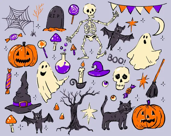 Spooky and fun hand-drawn Halloween doodle set with pumpkins, ghosts, bats, skeleton, witch hat, candy, potion, cat, broom, spiderweb and more