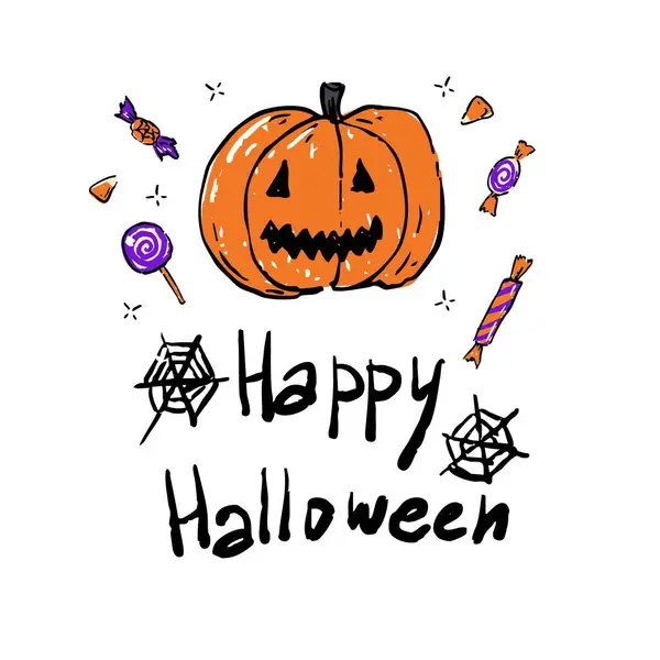 Cute and spooky Halloween illustration with a carved pumpkin, colorful candies, spiderwebs, and hand-lettered Happy Halloween text.