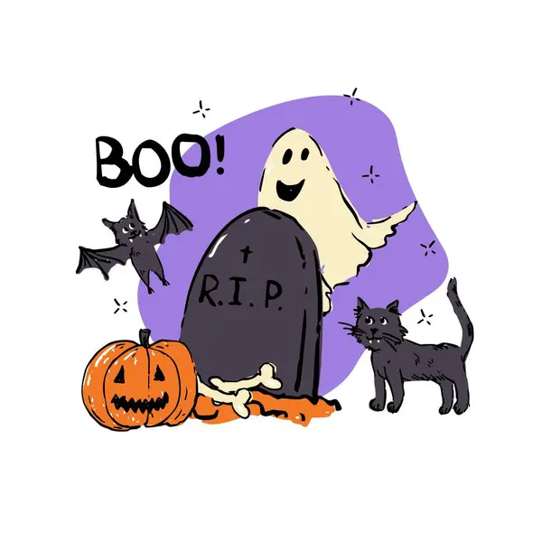 Gülen bir hayaletin el çizimi cadılar bayramı illüstrasyonu, mezar taşı ve R.I.P. Jack-o-Lantern, kara kedi, yarasa ve kemikler. Mor arka plan aksanı ve Boo harfleri. Kartlar, çıkartmalar, parti dekorları ve sezonluk baskılar için mükemmel..