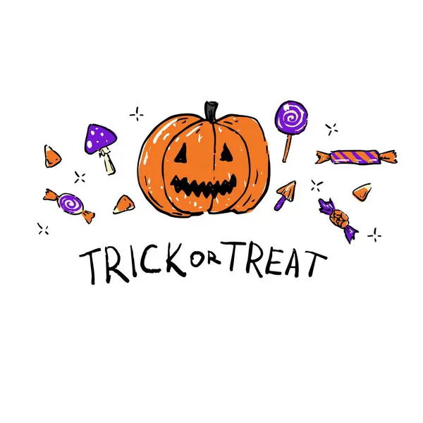 Cute and festive Halloween illustration with a smiling jack-o -lantern, colorful candies, mushrooms, and Trick or Treat text. Hand-drawn cartoon style, perfect for greeting cards, printables, stickers, party decor, and digital use.