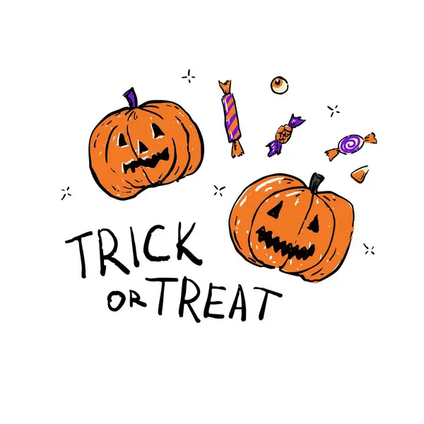Hand-drawn Halloween composition with two spooky jack-o -lanterns, assorted candies, candy corn, eyeball, and Trick or Treat text. Fun cartoon-style design ideal for cards, stickers, digital printables, and festive decor.
