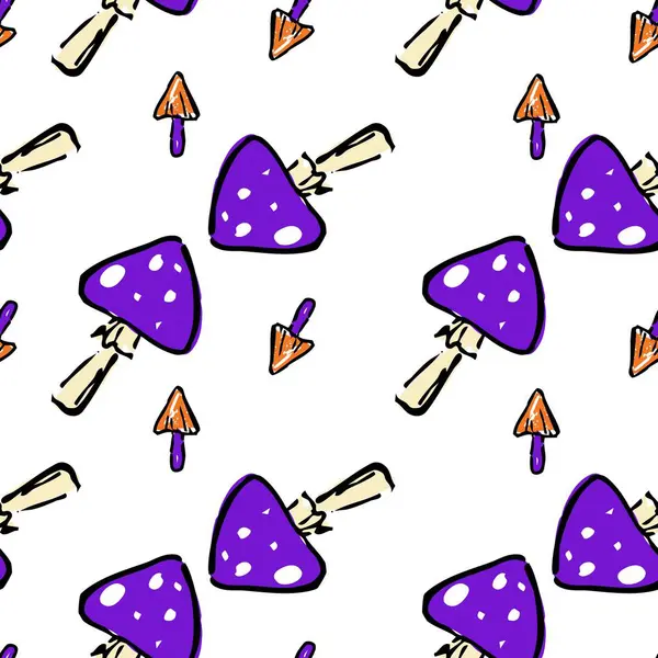 Hand-drawn seamless pattern featuring two types of poisonous mushrooms purple with white spots and small orange caps. Fun Halloween-style fungi design on white background, great for wrapping paper, textile, digital paper, and seasonal decor.