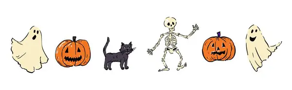Hand-drawn cartoon-style clipart set featuring classic Halloween elements two cute ghosts, two jack-o -lantern pumpkins, a black cat, and a dancing skeleton. Fun and spooky isolated illustrations, perfect for stickers, printables, invitations