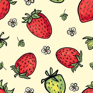 Açık Arkaplanda Çilek ve Çiçeklerle Kusursuz Desen