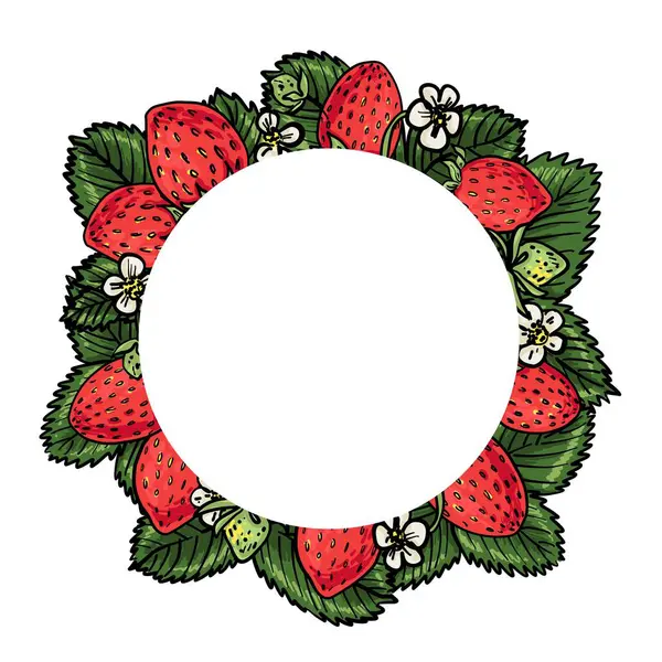 Kırmızı çilek, yapraklar ve beyaz çiçeklerden yapılmış dekoratif daire çerçevesi. Metin veya ürün görüntüleme için şeffaf merkez.