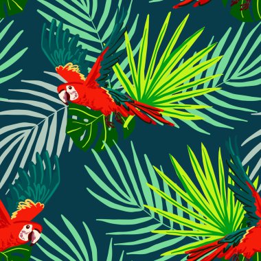 Uçan papağanlar ve karanlık arka planda orman yapraklarıyla kusursuz tropikal desenler. Yaz kumaşı, duvar kağıtları ve tatil temalı ürünler için parlak ve egzotik tasarım.