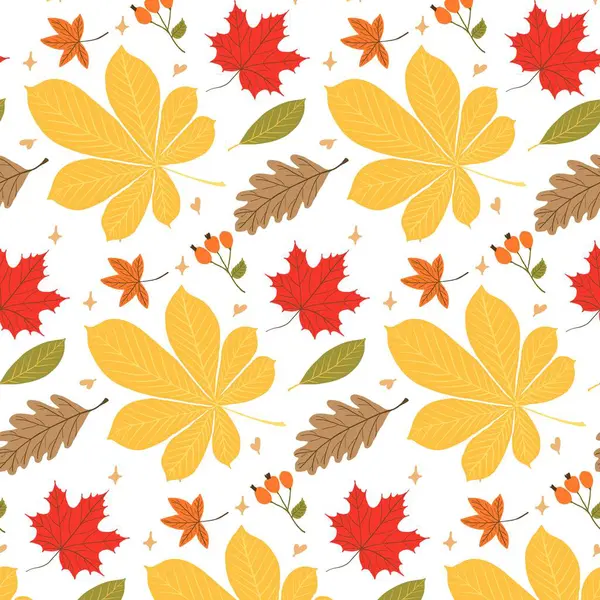 Sarı kestane yapraklı kusursuz desen, kırmızı akçaağaç yaprakları, kahverengi meşe yaprakları, yeşil yapraklar ve beyaz arka planda böğürtlenler. Sonbahar tasarımları, kumaş ve ambalaj kağıtları için mükemmel..