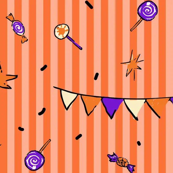 Şekerler, lolipoplar, yıldız patlamaları ve çizgili turuncu arka planda neşeli bir Cadılar Bayramı deseni..