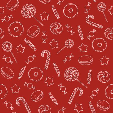 Kırmızı arka planda tatlı ve şekerli pürüzsüz desen 