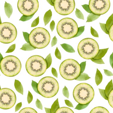 Beyaz arka planda kivi ve meyve yaprakları olan dikişsiz suluboya deseni. El çizimi suluboya çizimi.