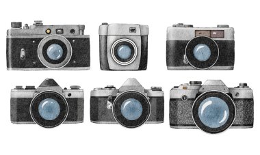 Beyaz arka planda izole edilmiş antika retro kameralar. Suluboya çizimi 