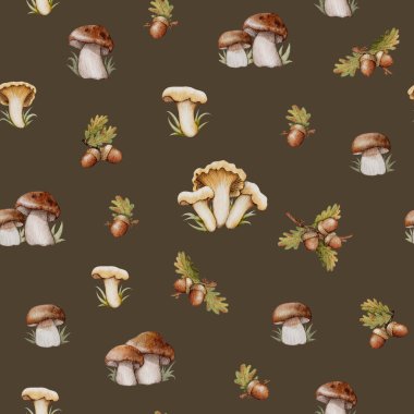Dikensiz meşe palamudu ve mantar deseni. Kahverengi arkaplanda otomatik dizgi.