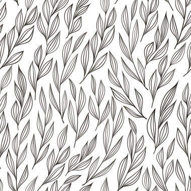 Beyaz arka planda siyah çizgiyle özetlenmiş kusursuz bir yaprak deseni, temiz ve minimalist bir tasarım yaratıyor. Beyaz arka planda siyah çizgili yaprakların deseni, temiz ve modern bir tasarım yaratıyor..