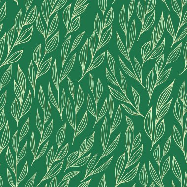 Yeşil arka planda beyaz çizgilerle çizilmiş kusursuz desen. Yeşil arkaplanda beyaz çizgilerle özetlenmiş yaprakların tasviri, minimalist ve zarif bir tasarım yaratıyor.