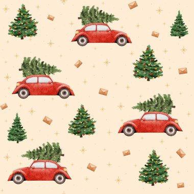 Holiday-themed pattern featuring retro red cars carrying Christmas trees, with stars and envelopes scattered across a yellow backdrop. A nostalgic design full of festive cheer. clipart