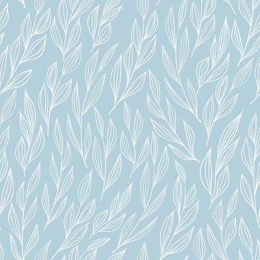 Beyaz dal ve yapraklardan oluşan çizgi sanatı, sakin mavi bir yüzey üzerinde kusursuz bir şekilde düzenlenmiştir. Yaratıcı projeler, web geçmişi ya da moda ve tekstil tasarımı için harika. Elle çizilmiş beyaz dalların ve yumuşak mavi arkaplanda yaprakların zarif, pürüzsüz deseni..