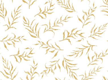 A seamless watercolor pattern showcasing delicate golden dried plant branches on a soft white background. The elegant design is ideal for fabric, wallpaper, and nature-inspired projects. clipart