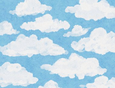 A beautiful illustration of soft, white watercolor clouds floating on a calming blue background. This serene and airy design evokes a sense of tranquility, perfect for peaceful or dreamy projects. clipart