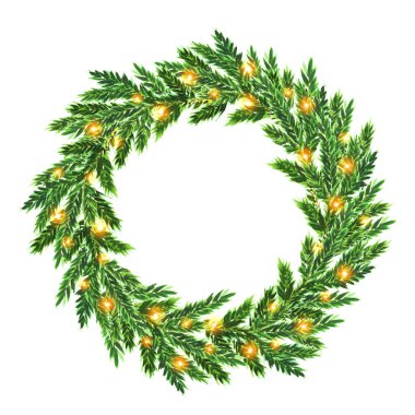 Parlak altın ışıklarla süslenmiş yemyeşil çam dallarından yapılmış canlı bir Noel çelengi. Tatil süslemeleri için mükemmel, ılık ve şenlikli bir tezahürat yayıyor, temiz beyaz bir zemin üzerine kurulmuş..