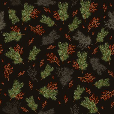 Bir tasarım, koyu siyah bir zemin üzerine dağılmış çeşitli yeşil yapraklar ve portakal meyveleri kümelerini içerir. Düzenleme, doğal ve mevsimsel bir görünüme sahip..