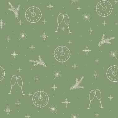 Yeni yıl kutlamaları için şampanya kadehleri, saatler ve yıldızların yer aldığı şenlik desenleri.