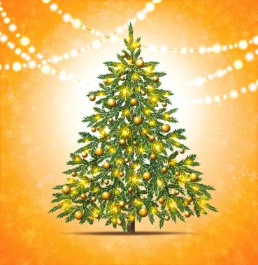 A beautifully adorned Christmas tree stands tall, covered in golden ornaments and twinkling lights, creating a warm, festive atmosphere against a vibrant orange backdrop. clipart