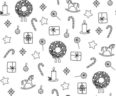 Geleneksel tatil unsurları, hediyeler, baston şekerler ve dekorasyonlarla süslü karalamalar.